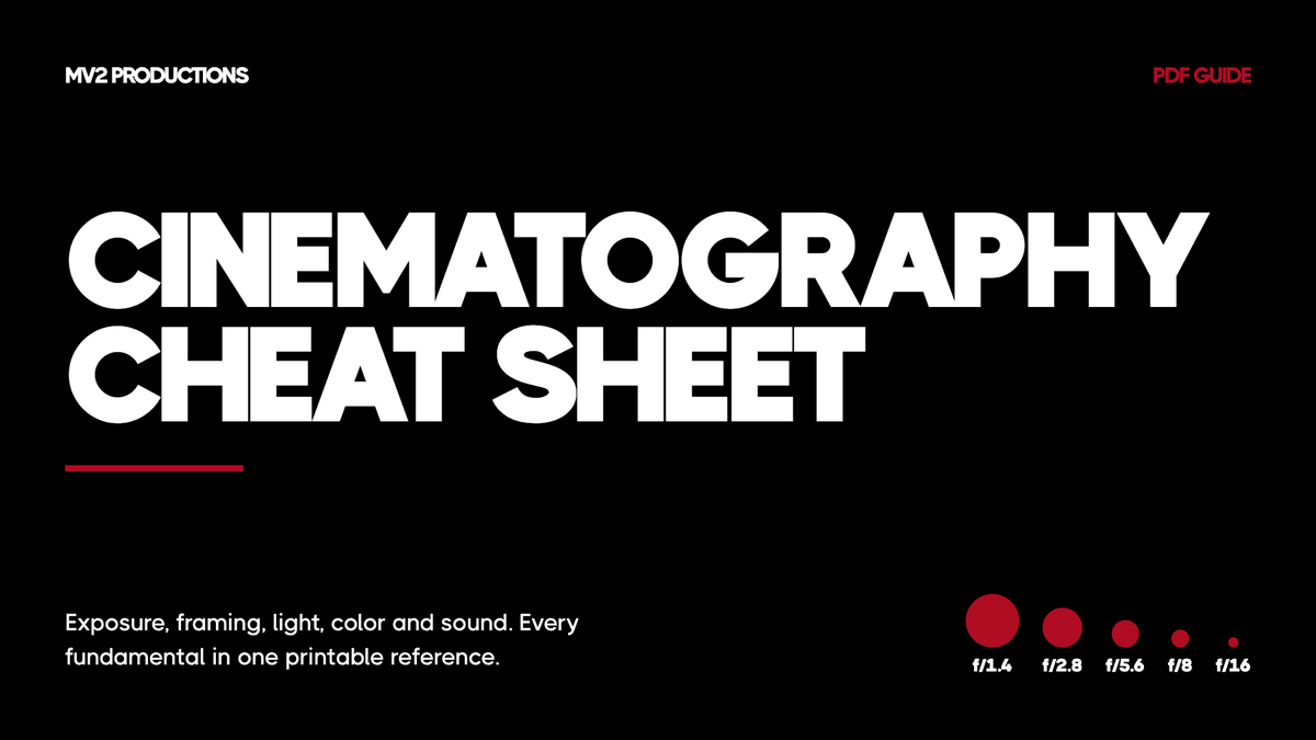 Cinematography Cheat Sheet PDF — 8-page printable reference by MV2 Productions