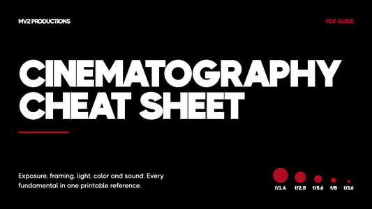 Cinematography Cheat Sheet PDF — 8-page printable reference by MV2 Productions